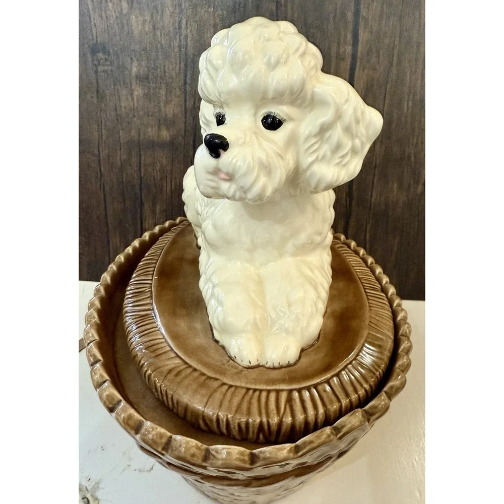 VTG‎ Poodle Dog On Brown Basket Ceramic Cookie Jar Bowl Planter Candy Dish